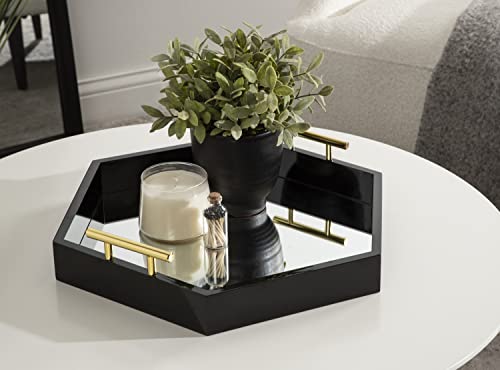 Image of Kate and Laurel Lipton Modern Hexagon Mirrored Tray; 18 x 18; Black and Gold; Midcentury Decorative Serving Tray for Storage and Display