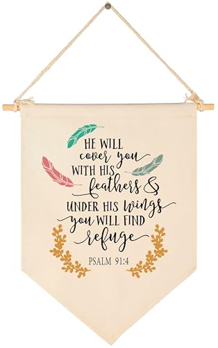 Image of He Will Cover You With His Feathers and Under His Wings -Canvas Hanging Flag Banner Wall Sign Decor Gift for Baby Kids Girl Boy Nursery Teen Room Front Door-Psalm 91:4-Bible Verse,Religious,Scripture