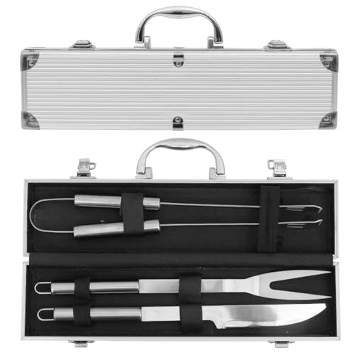 Mimo Style Jogo Para Churrasco 3 Peças Com Maleta, Fabricados em Aço Inox, Inclui Faca, Forquilha e Pegador, Kit Completo de Acessórios Para Churrasco em Estojo de Alumínio