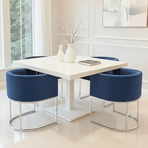 Image of HNY Mid Century Modern Upholstered Barrel Dining Chairs with Arms Set of 6, Velvet Kitchen & Dining Room Chairs, 18.5 inch Wide Accent Chairs for Dining Room Living Room with Chrome Metal Frame, Blue