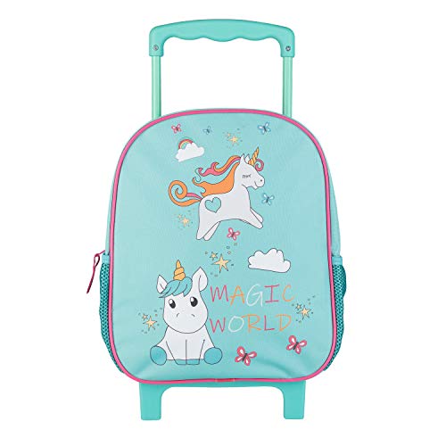 Idena Mochila trolley con 2 ruedas con purpurina, para niñas, color  turquesa con un encantador diseño de unicornio, como maleta de mano, trolley  escolar y mochila para niños, aprox. 31 x 27 x 10 cm