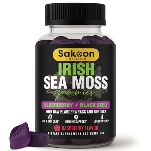 Irish Sea Moss Gummies with Elderberry & Black Seed Oil - Overall Wellness Support | Rich in Vitamins, Raspberry Flavor | 60 Gummies