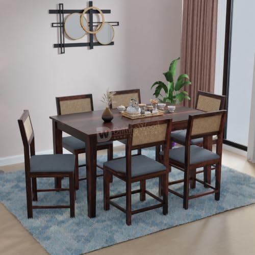 Image of DRIFTINGWOOD Amber Solid Sheesham Wood 6 Seater Dining Table Set with Rattan Back Chairs | Grey Velvet Cushioned Seating for Home & Dining Room (Walnut Finish, DIY)