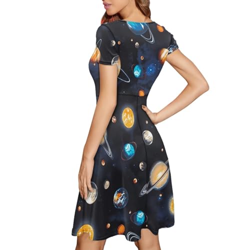 Image of Forchrinse Galaxy Colorful Planet Space Womens Dress Short Sleeve Midi Tunic Dress Plus Size Casual Elegant Formal Dress 3D Galaxy Party Sexy Sundresses for Women, Large