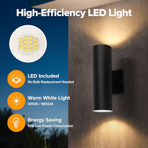 Image of LUTEC Outdoor Wall Light Fixtures, Integrated LED Cylinder Up-Down Sconce, 16W 3000K Waterproof Aluminum Exterior Lighting, Modern Matte Black Wall Sconce Outdoor Lighting for Porch, Entryway, 2 Pack