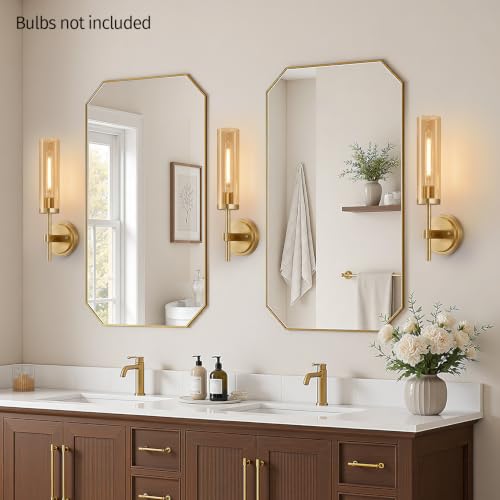 Image of MOKATNG Hardwired Wall Sconces Set of Two, Brushed Gold Bathroom Sconces with Amber Glass, Modern Wall Light Fixtures for Bathroom Mirror Vanity, Living Room, Hallway, Stairway, Cabinet, Foyer