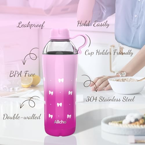 Image of Bow Insulated Water Bottle for Women, 18 oz Stainless Steel Water Bottles, Double Walled, 2 Lids (Chug & Tumbler) - Hydrate & Caffeinate, Available Gift Wrapping