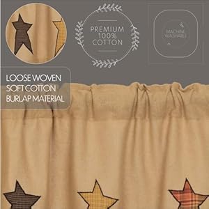 VHC Brands Stratton Primitive 63x36x18 Burlap Star Prairie Panel Pair Tan Rod Pocket Appliqued Cotton Drawstring Ties Window Curtains