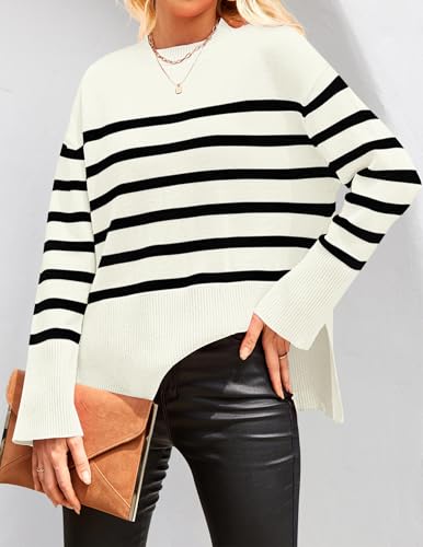 ZESICA Women's 2025 Fall Winter Striped Long Sleeve Crew Neck Ribbed Knit Side Slit Oversized Pullover Sweater Jumper Top3