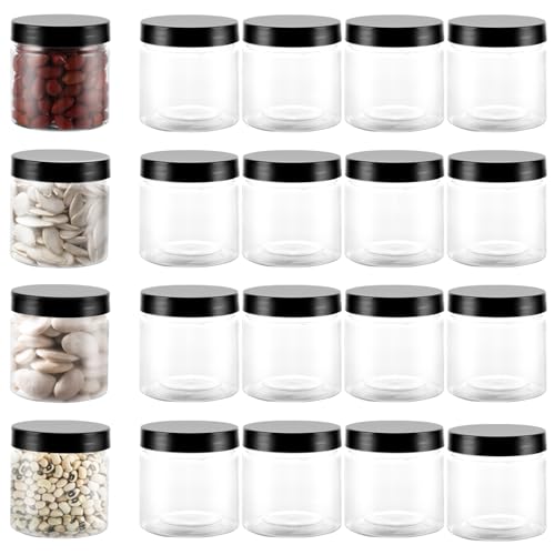 YAYODS 20 recipientes para alimentos, latas de plástico com tampa preta, 180 ml, latas transparentes de armazenamento, redondas para cozinha em casa, condimentos, confeitaria, chá, nozes