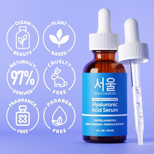 SeoulCeuticals Korean Hyaluronic Acid Serum For Face - K Beauty Skincare with Multi-Weight HA, Centella & Propolis – Lightweight Hyaluronic Serum for Hydration & Skin Balance - 30ml