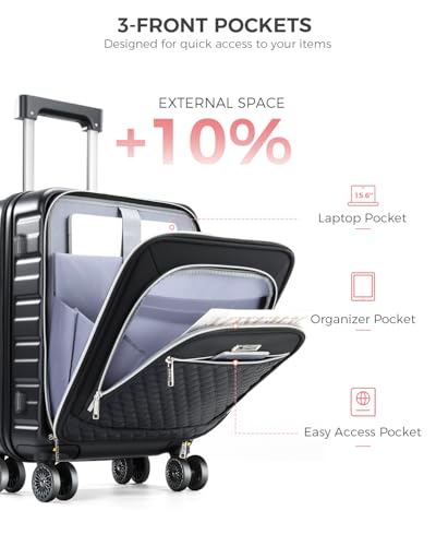 Lekebobor 18 Inch Carry On Luggage Airline Approved, Hybrid Soft Hard Shell Travel Suitcase with Removable Spinner Wheels, TSA Lock, Front Pocket for Women, Black3