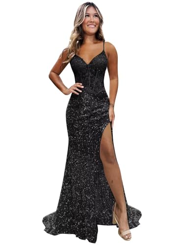 Sukleet Sequins Lace Prom Dresses for Women 2025 Corset Mermaid Long Slit Formal Evening Gowns