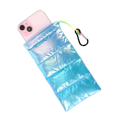 Lyreh Thermal Phone Case, 7.48x4.13in Down Cotton Thermal Cellphone Pouch with Drawstring and Carabiner Clip Outdoor Phone Accessory for Overheating Freezing Protection(Iridescent Blue)