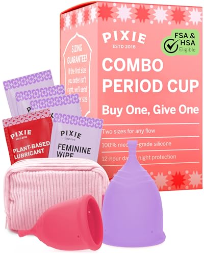 2 Pixie Menstrual Cups - No Metals or Toxins - Ranked 1 for The Most Soft Reusable Period Cups - Wear 12 Hours - 100% Medical-Grade Silicone - Tampon Alternative - Buy One We Give One (Combo)