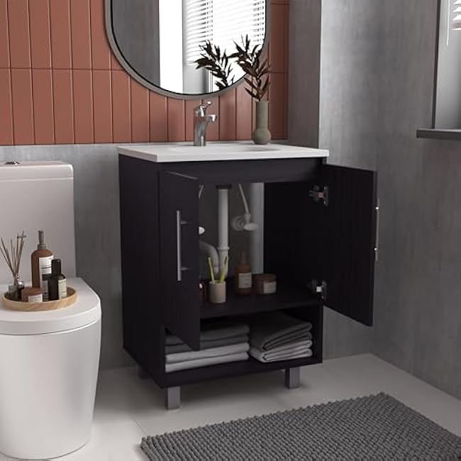 espidoo Modern Bathroom Vanity 2 Doors 4 Shelves: Engineered Wood Storage Cabinet with White Top - Small Space Solution for City Apartment Bathrooms & Powder Rooms