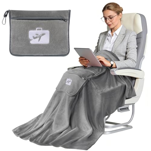 SINLAND Travel Pillow and Blanket 2-in-1 Set,Airplane Packable Bag,Soft and Lightweight Plane Flight...