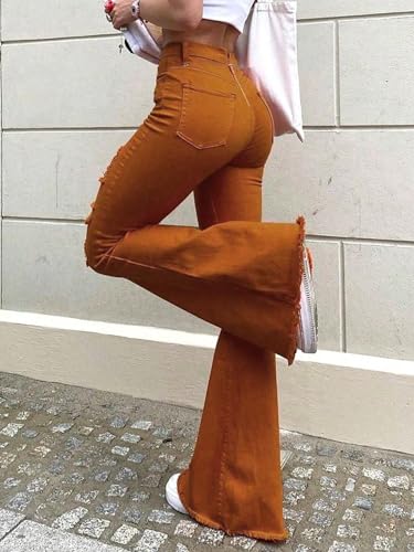 Women's Orange Stretch Ripped Flare Jeans High Waisted Distressed Bell Bottoms Trendy Y2K Frayed Hem Denim Pants3