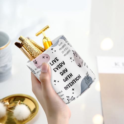 Image of Pen Holder Cute, Pencil Cup, Makeup Brush Holder, Multi-Functional Round Leather Pen Supply Organizer for Teens Adults, Inspiring Words Pattern