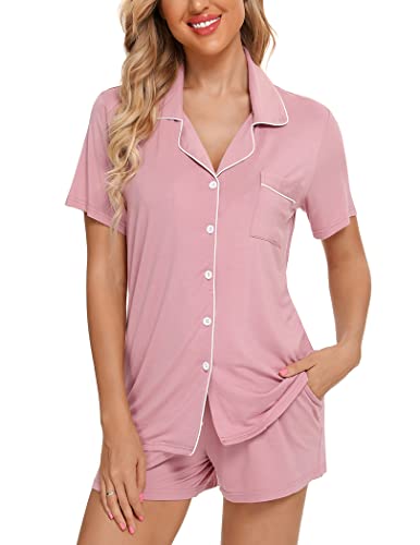 Pjmlifecoco Pajamas for Women Set Button Down Two-Piece Short Sleeve and Shorts Sleepwear Soft Lounge Pj Sets S-XXL