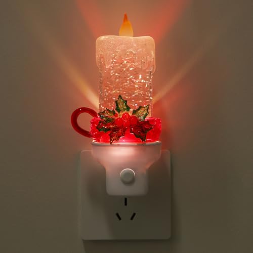 Christmas Candle Night Light Plug into Wall Glitter Water Nightlight with USB/Outlet Options Christmas Decorative Nightlight for Bedroom Kitchen Nursery Hallway Holiday Decorations Gifts (Candle)