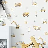 Alwayspon 32 Aufkleber, Aquarell-Kunst-Wandaufkleber, abziehen und aufkleben, für Wohnzimmer, Kinderzimmer, Schlafzimmer, Wanddekoration, gelbe Baumaschinen