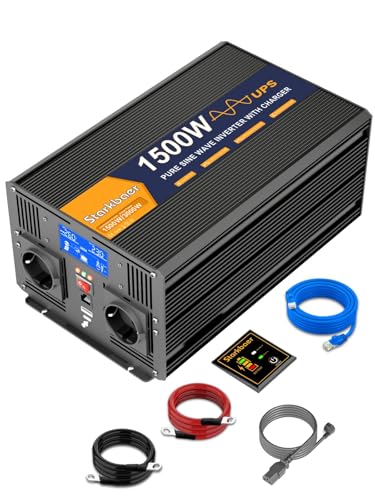 Starkbaer UPS 1500W Inversor 12V 220V Onda Pura Transformador para Coche Convertidor, con Interruptor Red Prioridad, Función SAI, Cargador 30A, 2 Enchufes UE, Control Remoto 5m Y Pantalla LCD