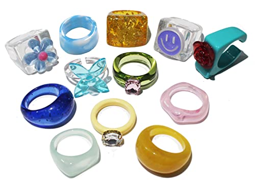 Little Star Shop Trendy Rings For Women Colorful Acrylic Ring Set Chunky Rings Set Fruit Resin Rings Cute Candy Crystal Rhinestone Gem #TOP13