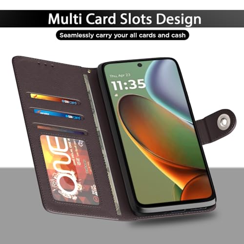 Image of Pikkme Flip Cover Leather Finish | Inside TPU with Card Pockets | Wallet Stand and Shock Proof | Complete Protection Button Flip Case for Moto G05(Coffee)