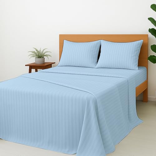 Cottinton Lane 4 Piece King Size Sheet Set, Premium 100% Cotton Bed Sheets Sets, 16 Inch Deep Pocket with Elastic All Around, Soft & Luxurious Hotel Quality Sheets, Light Blue Stripe