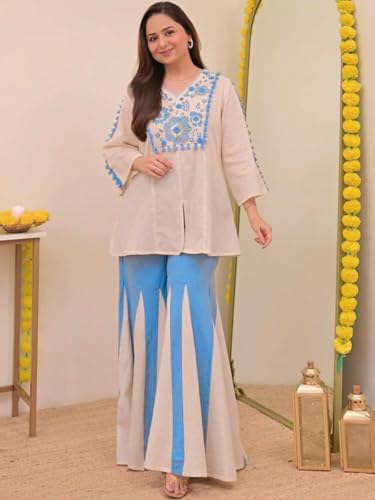 Image of Leriya Fashion Women's Kurta Set with Palazzo | Ethnic Kurtis Palazzo Set for Women | Crew Neck Embroidery Kurta Set with 3 /4 Sleeve | Cotton Ethnic Traditional Straight Kurti Set for Everyday Outfit