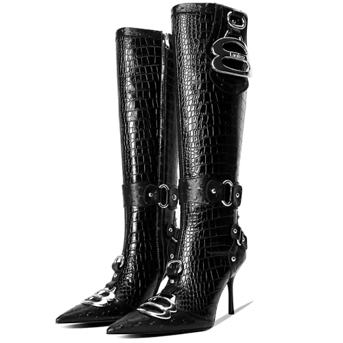 Knee High Crocodile Boots for Women Pointed Toe Slim Calf Sexy Stiletto High Heel Long Tall Boots with Slide Zipper Buckle Rivets