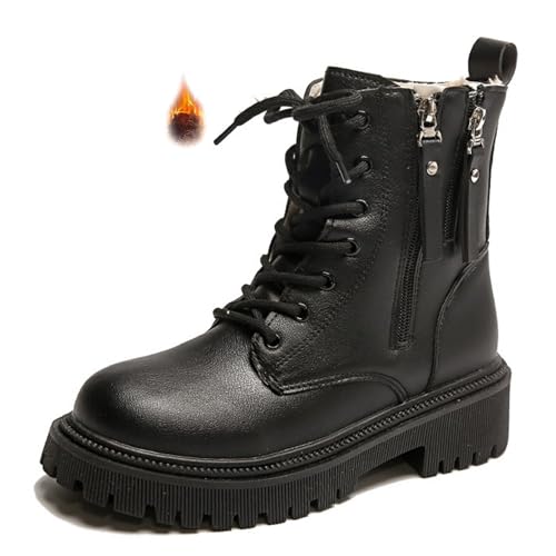 Women's Leather Lace Up Combat Platform Ankle Boots with Double Side Zipper Classic Round Toe Chunky heel Lug Sole Non-Slip Mid Calf Booties