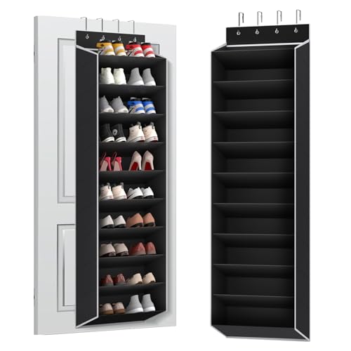 REGELETO 10 Tiers Large Size Over the Door Shoe Organizer Storage, Hanging Shoe Rack for Door with Deep Pockets, Fit 20 Pairs Shoe Organizer Holder for Sneakers and Boots (Black)