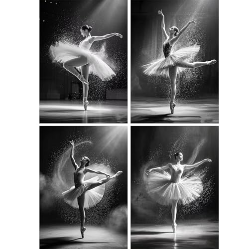 SHEGZHUC 4 Pack Diamond Painting Erwachsene Ballerina Frau, 30x40cm Diamant Malerei Bilder Ballett Prinzessin Schwarz Weiß, Mosaik Stickerei Kreuzstich Kunst Geschenk, Wanddekoration für Schlafzimmer