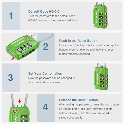 Image of Puroma TSA Approved Luggage Lock, 4 Digit Combination Travel Locks Resettable Code Lock with Zinc Alloy Body for Suitcase, Toolbox, Backpack, Bag, Gym Locker, Basic Green, Classic