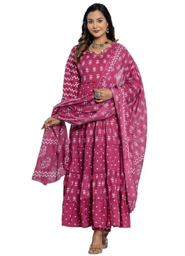 Image of Amayra Women's Pure Cotton Printed Anarkali Kurta Set with Palazzo Pants & Dupatta- Ethnic Wear