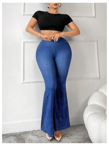 Women's Plus Size Skinny Flare Pants High Waisted Denim Print Bell Bottoms Long Trousers4
