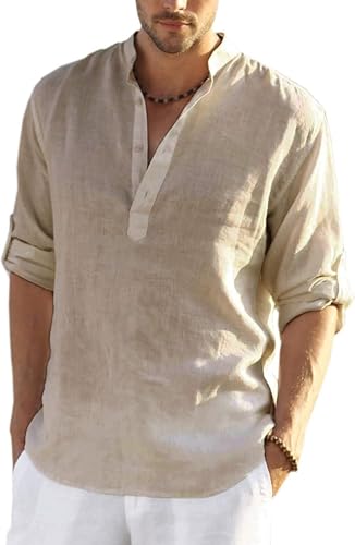 COOFANDY Camisa de Playa de Verano Informal de Manga Larga con Botones y Cuello Alto de Lino y algodón para Hombre caquis L