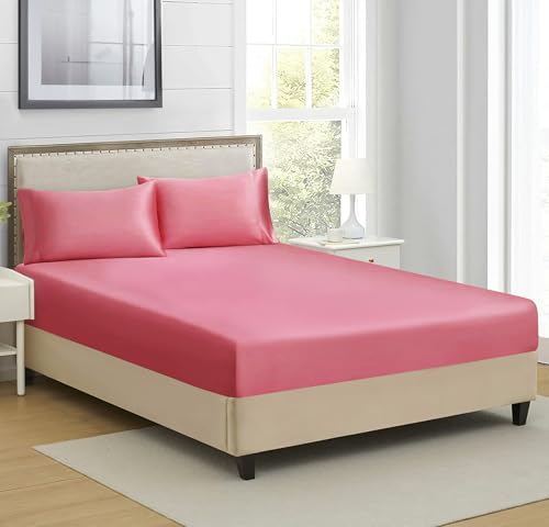 Image of RD TREND Microfiber Satin Weave Fitted Bedsheets for Queen Size Bed 78x60x10 Inch with 2 Pillow Covers-18x28 Inch | 400 TC All Around Elastic | Coral Pink