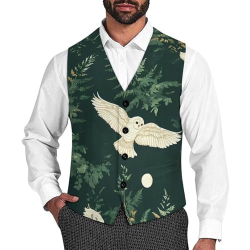 Owls Flying Moonlight Ferns Leaves Casual Suit Vest for Men Formal Business Dress Regular Fit Waistcoat Tuxedo