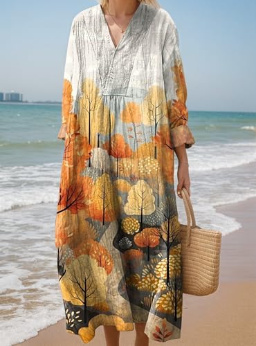 Women's Baggy Smocked Colorful Floral Swing Shirt Dress Spring Summer Long Sleeve V Neck A-Lien Maxi Dresses2