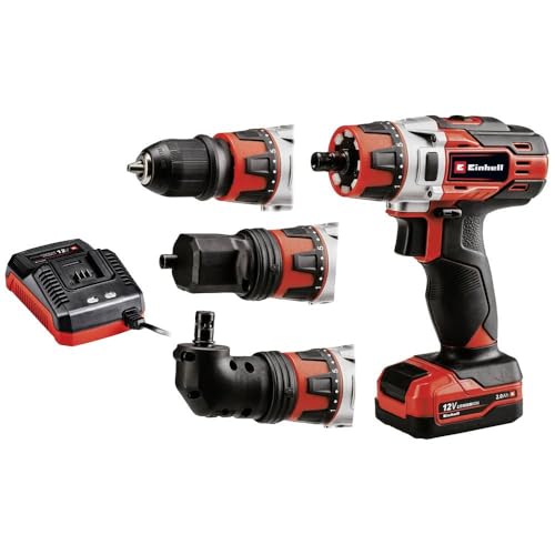 Einhell Kit perceuse-visseuse sans fil TE-CD 12/1 3X-Li (12 V, lithium-ion, vendue avec batterie 2,0 Ah, chargeur, embout coudé + embout excentré, boîte de rangement à fermeture magnétique)