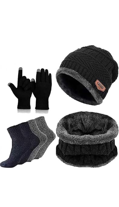 Winter woolen cap neck warmer gloves and socks combo set for men and women warm soft thermal winter wear for cold weather