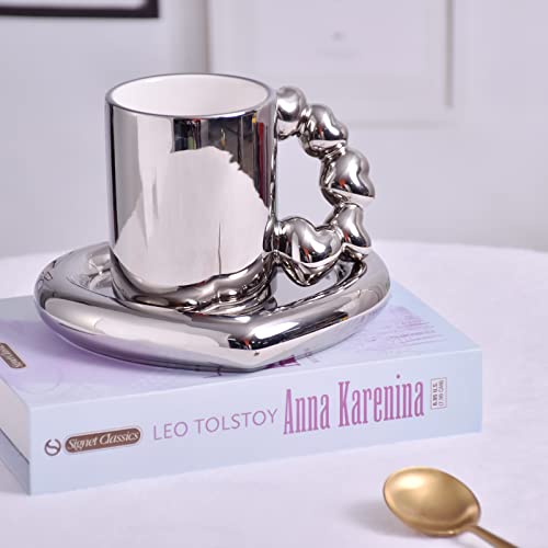 Koythin Ceramic Coffee Mug With Saucer Set, Cute Creative Electroplated Cup With Gourd Handle Love Heart Shape Design For Office And Home, 10 Oz/300 Ml For Latte Tea Milk (Elegant Silver) #TOP5