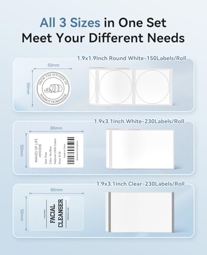 Image of NIIMBOT 3 Roll Labels, 50x80mm White /50x80mm Clear /50x50mm White Round, Comptible with B1 B21 B21 Pro Label Maker, for Kitchen Jar /Address /Price /Gift