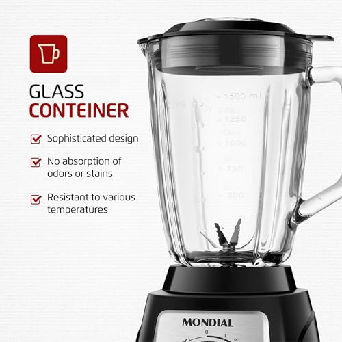 MONDIAL Liquidificador Turbo Glass Jarra de Vidro, Preto/Inox, 1400W, 220V - L-1400 GI glide