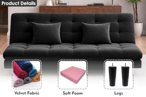 Image of Rosebell Modern Wooden 3-Seater Sofa Cum Bed Foldable Velevt Fabric Sofa for Living Room, Guest Room & Office-Black-Color