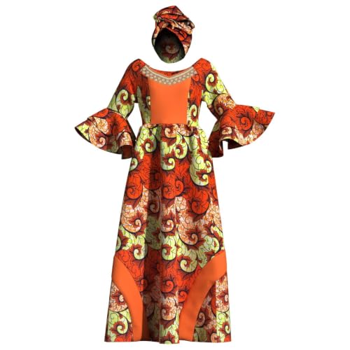 Image of iooiooi Womens African Print Party Maxi Dress Ankara Long Dress & Headwrap | Ankara Print Maxi Dress for Women,Flared Bell Sleeve Party Gown
