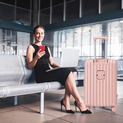 ABS Spinner Wheel Luggage with USB Port and Cup Holder, Multifunctional Carry-On Suitcase, 20/24/28 in Pink3